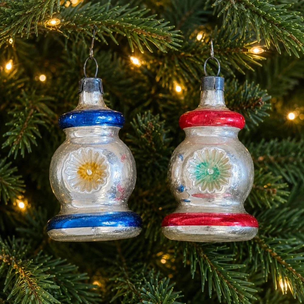 Set of 2 Premier Mercury Glass Double Indent Lantern Christmas Ornaments  1950's